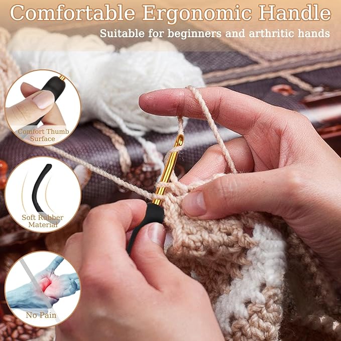Aeelike 31pcs Crochet Hook Set, Classic Navy Crochet Needles Ergonomic with Grips for Arthritic Hands, Crocheting Kit with Knitting Supplies & Black White Case, Ideal Gift for Hand Beginner Lover