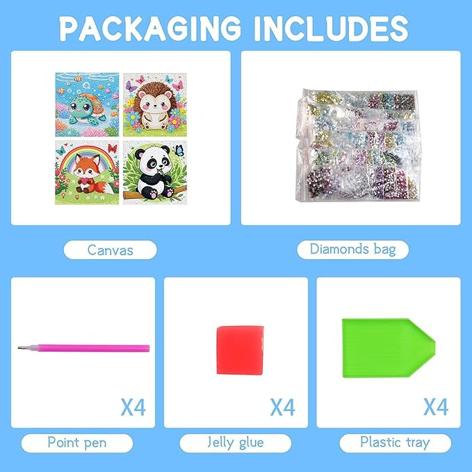 Dlylust Diamond Painting Kits for Kids Beginner - 4 Pack DIY 5D Full Drill Diamond Art Kits for Children, Cute Animals Round Crystal Rhinestone Gem Art Crafts Home Wall Art Decor 5.9 x 5.9 Inches