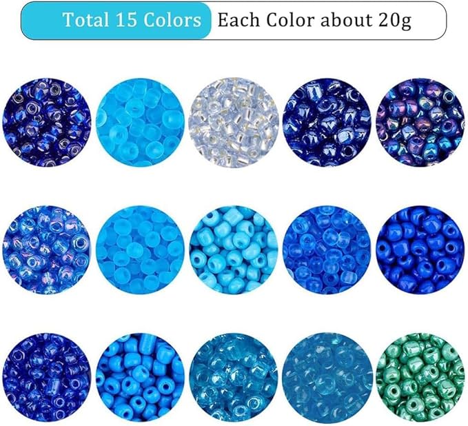NBEADS 15 Colors 6/0 Glass Seed Beads, About 3000 Pcs 4mm Blue Round Pony Beads Mini Spacer Loose Beads for Jewelry Design Necklace Bracelet Earring Making