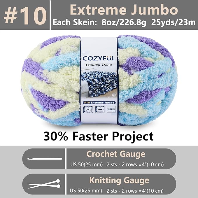 Chunky Yarn for Hand Knitting - #10 Chunky Chenille Blanket Yarn, Jumbo Big Thick Chunky Yarns for Crocheting, Tie Dye Bulky Knit Yarns, 8 Skein (25 yds 8 oz Each Skein), Purple&Yellow&Blue