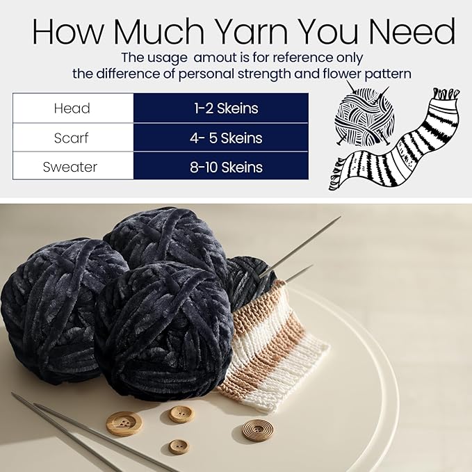 Xinnun 12 Skeins 1116 Yards Chenille Velvet Soft Thick Plush Yarn Bulk for Crocheting Knitting Blanket DIY Weaving Craft, 6mm, 3.5 Oz/Skein(Black)