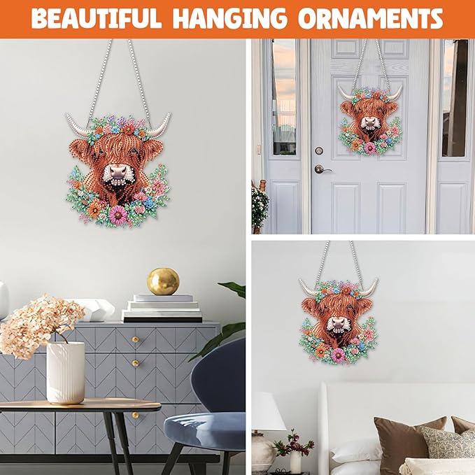 NAIMOER Diamond Art Hanging Kits for Adults Cow 5D Special Shaped Rhinestone, DIY Acrylic Diamond Art Painting Window Pendants Home Garden Wall Hanging Ornament Kits, Double Sided