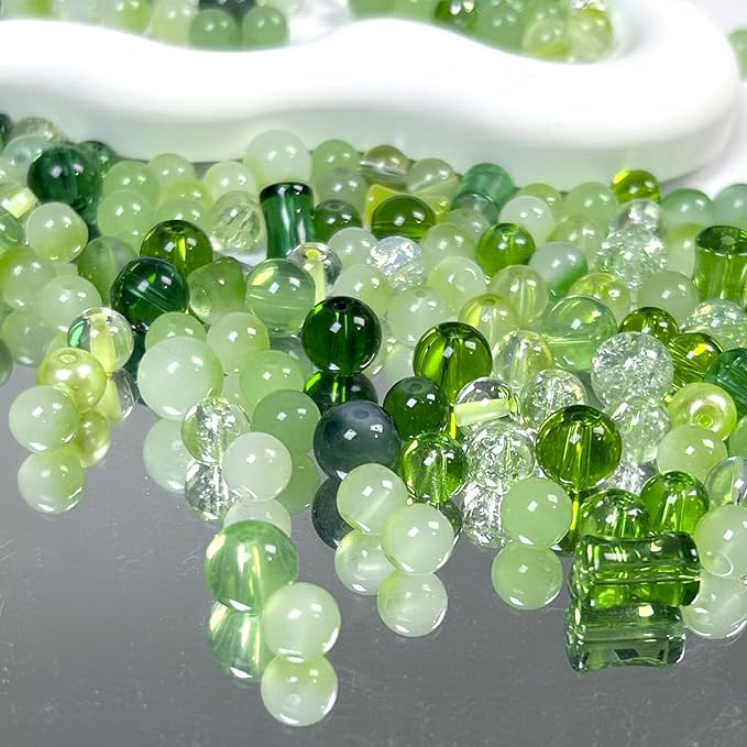 300pcs Glass Beads Green, 8mm Assorted Crystal Bead for St. Patrick's Day Jewelry Making, Round Spacer Loose Beads Kit for DIY Charms Bracelets Necklaces Earrings