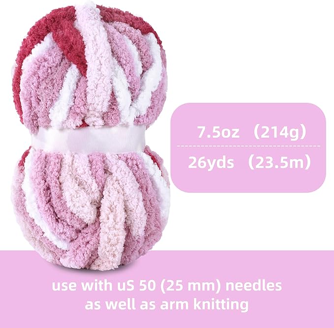 HOMBYS Chunky Tie Dye Mix Chenille Yarn for Hand Knitting, Super Bulky Jumbo Yarn for Crocheting, 3/4" Thick Soft Plush Yarn for Blankets, 8 Skein Pack (26 yds / 7.5 oz Each) Rose,Pink,White