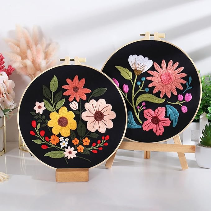 louise maelys 3 sets flowers embroidery kits for beginners,cross stitch kit for adults,crewel starters needlepoint with floral pattern,hoop,threads and instruction