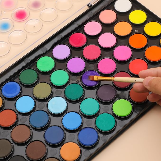 Artecho 48 Colors Watercolor Cake Set with 3 Brushes, Washable, Travel Design, Perfect for Card Making, Illustrations, Painting, Calligraphy