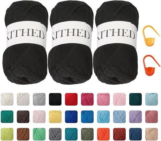 Cotton Chainette Yarn,4 Medium (Worsted)-10oz,3 Pack,Knitting Yarn for Beginners,Thicker for Crocheting and Knitting (04 Black)