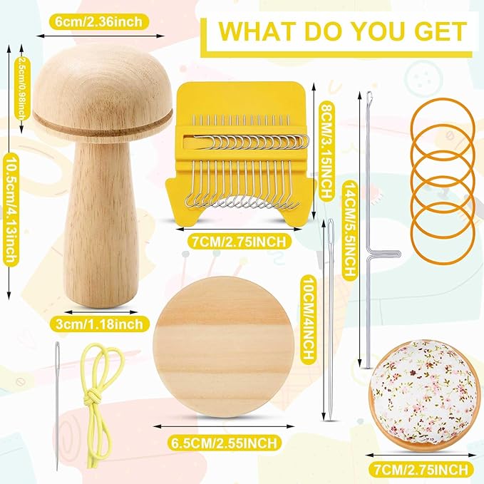 Jexine Mini Darning Mushroom for Socks 14 Hooks Small Speedweve Style Weaving Darning Loom with 9 Pcs Large Eye Needles 50 Colors Thread for Handcraft DIY Weaving Repair Tool(Yellow)