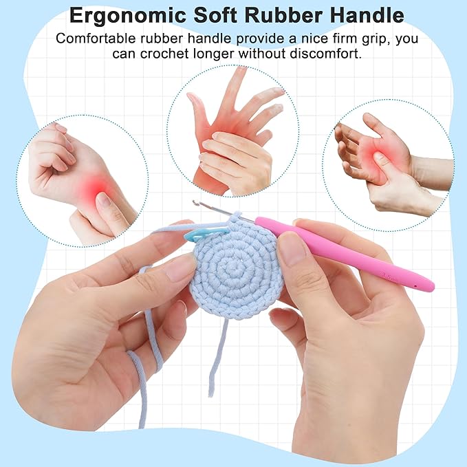 Crochetbox Crochet Hooks Set, 9 Size 2mm(B)-6mm(J) Ergonomic Handles Crochet Hooks with Case for Arthritic Hands, Kintting Needle with Crocheting Tool for Crocheters