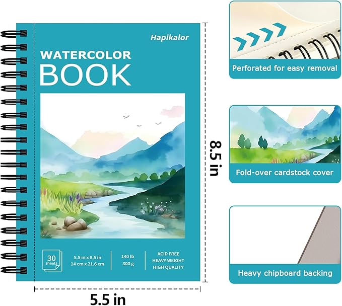 Hapikalor 5.5"x8.5"Watercolor Small Sketchbook for Kids, 30 Sheets (60 Pages) Spiral Bound, Water Color Paper, 140lb/300gsm Watercolor Paper, Watercolor Notebook, Watercolor Journal, Sketch Pad, Teal