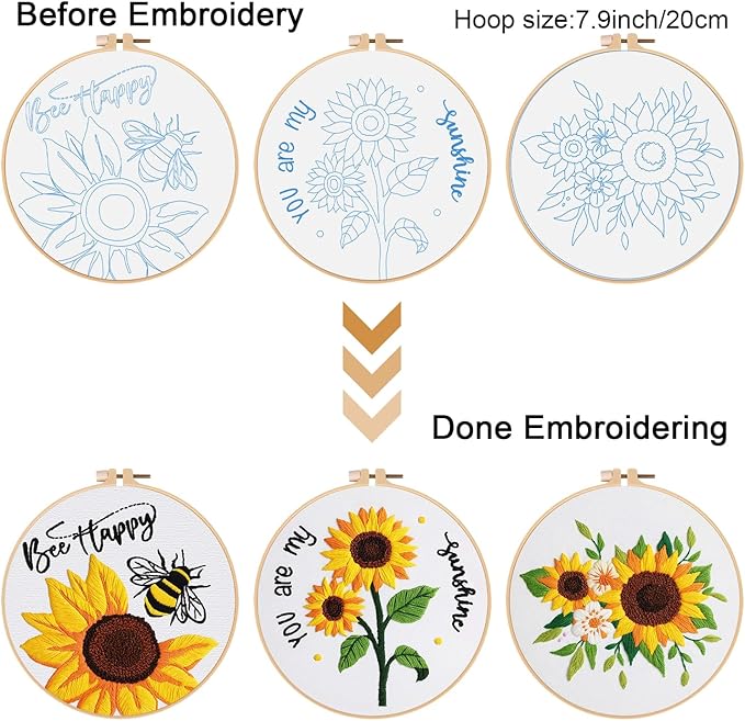 Louise Maelys 3 Sets Sunflowers Embroidery Kit for Beginners,Cross Stitch Kits for Adults with Summer Flowers Bee Stamped Pattern,Starters Needlepoint with Embroidery Instruction