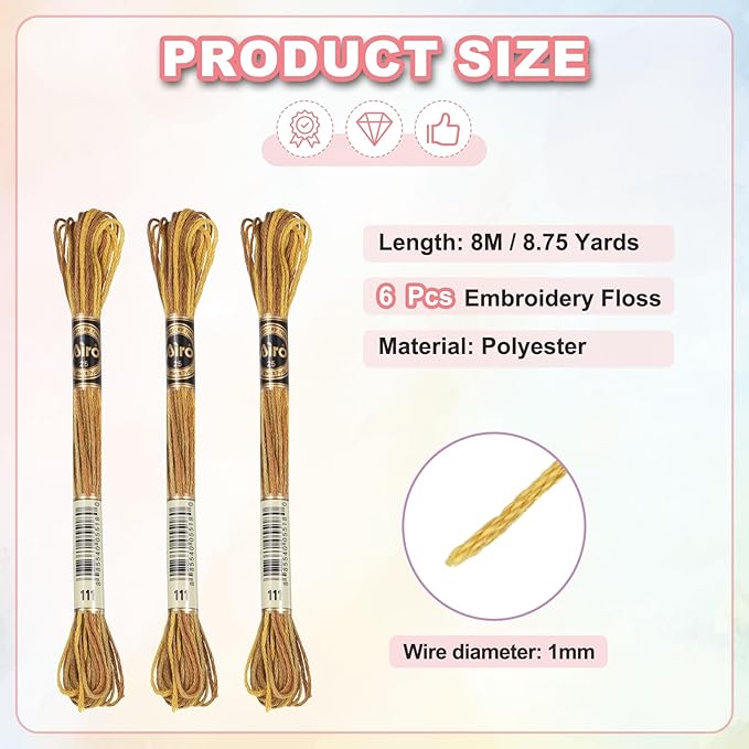 PATIKIL 6 Skeins Embroidery Floss, Polyester Embroidery Threads Bracelets String for Cross-Stitch Hand Embroidery, Gold Tone