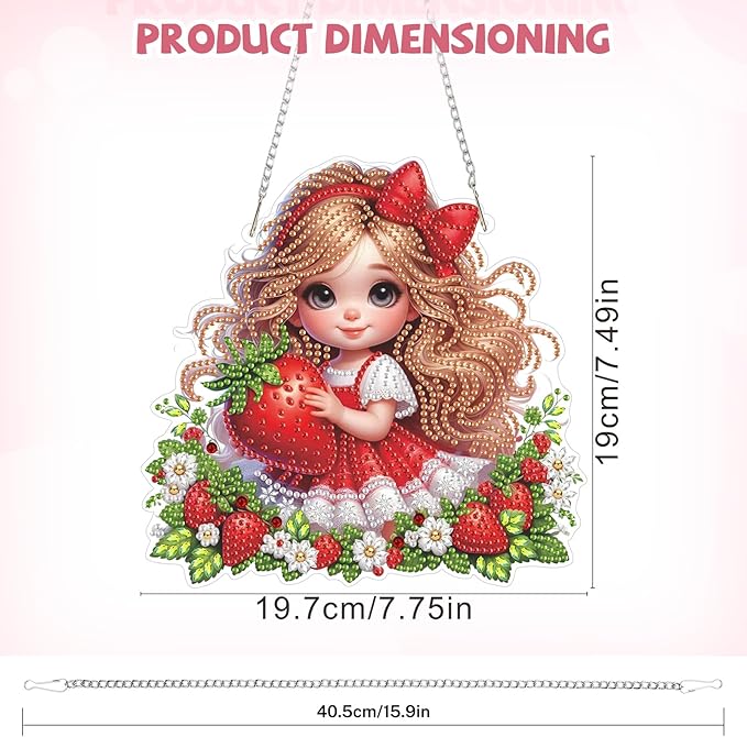 Bowetile Diamond Art Hanging Kits for Adults, Diamond Art Suncatchers Cute Strawberry Girl, 5D Special Shape Diamond Painting Pendant Window Ornament Gifts for Home Wall Door Garden Decor