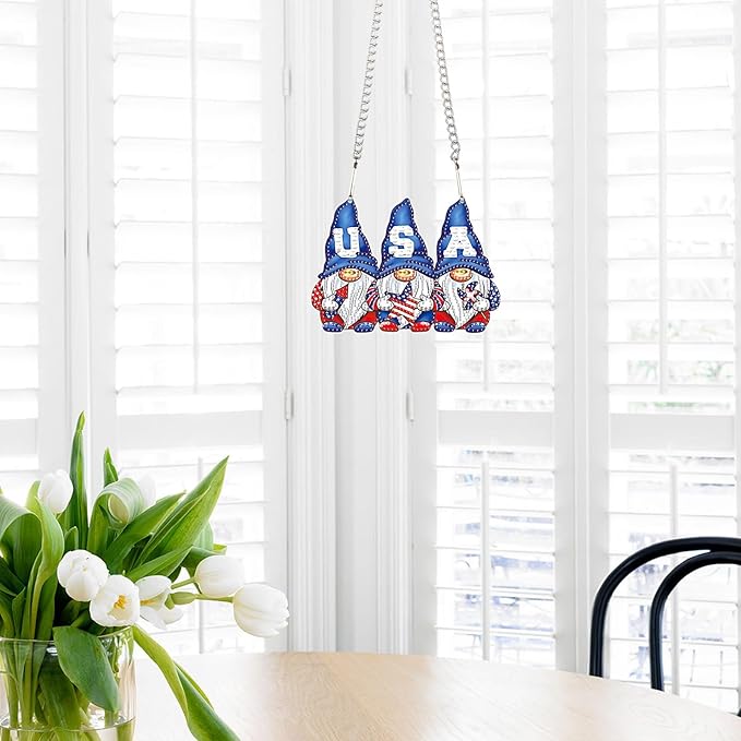 AiYuanzsh 5D Diamond Painting Hanging Pendant Kit – Independence Day Gnome 5D Diamond Art Dots Acrylic Pendant Craft for Adults – Crystal Rhinestone Suncatcher for Door Wall Window Decor