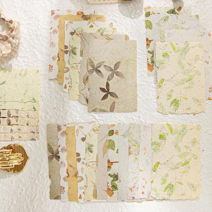 84 Sheets Small Textured Scrapbook Paper and 3D Embossed Collage Paper, Handmade Leaf Fiber Deckled Edge Paper for Junk Journal Supplies, Mixed Media, Card Making, DIY Craft Art