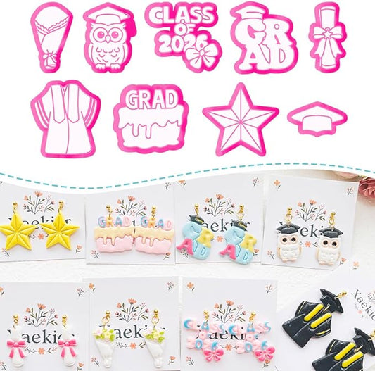 Graduation Polymer Clay Cutters Set - 9pcs Sharp & Durable Class of 2026, Grad, Owl, Cap, Gown, Cake & Star Shapes for DIY Earring Jewelry Making, Soft Clay Crafts & Class Party Supplies
