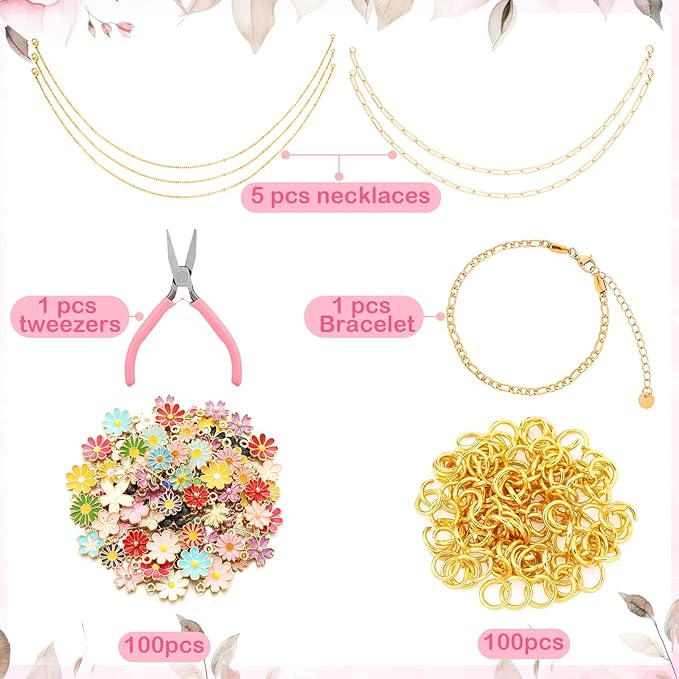 Tondiamo 207 Pcs Jewelry Making Kit DIY Bracelet, Necklace, Ring Set Bangle Charm Bracelet Making Kit with 100 Charms 100 Jump Rings and Tools for Women Beginner Arts and Craft Gift(Floral)