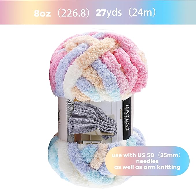Chunky Chenille Yarn for Hand Knitting 8 Jumbo Pack Jumbo Chunky Yarn for Hand Soft Blanket Knitting, Bulky Thick Fluffy Yarn for Crocheting (Marshmallow Color)