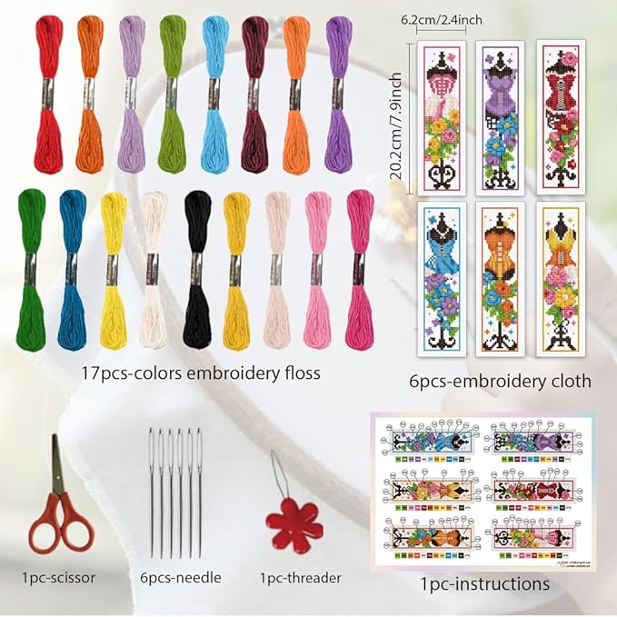ORIGACH 6 Pcs Cross Stitch Bookmark Kit for Beginner Adults, Mannequin with Flowers Stamped Embroidery Bookmark Kit with Instruction for Starters Printed Cross Stitch DIY Kits for Book Lovers
