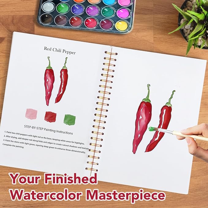 Easy Watercolor Workbook for Beginners - 12 Beautiful Step-by-Step Paintings Water Coloring Book, Includes 18 Colors Paints, Relaxing Art Projects and Creative Gift for Adults & Teen (Vegetables)