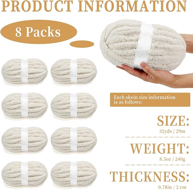 Chunky Chenille Yarn for Crocheting/Arm Knitting, Super Soft Jumbo Knit Blanket Yarn Beige 8 Pack (32 yds, 8.5 oz Each Pack)