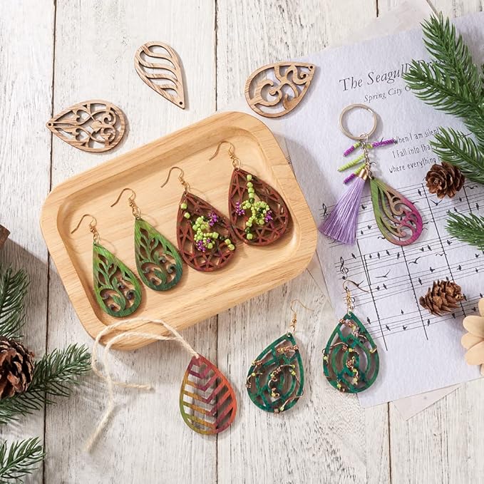 Elecrelive 100pcs Wood Earring Blanks Filigree Teardrop Pendants Unfinished Wooden Cutout Craft Wood Pieces for DIY Jewelry Making Hanging Ornaments