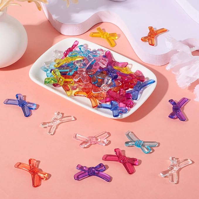 FASHEWELRY 50pcs Mini Clear Acrylic Bowknot Beads Transparent Colorful Bowknot Spacer Charm Pendants for Bracelet Necklace Earring Jewelry Making