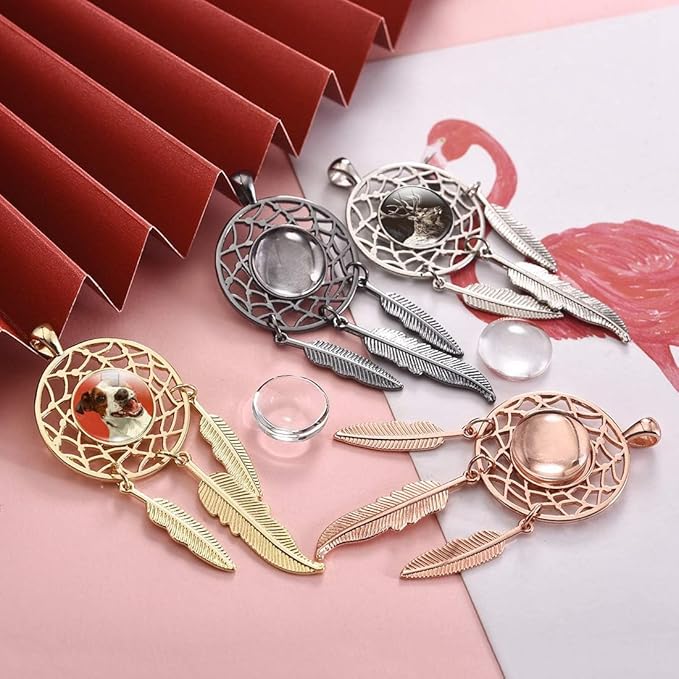 LANBEIDE 60Pieces Cabochons Jewelry Making Kits-20Pcs Dreamcatcher Bezel Pendant Trays with 20Pcs Glass Cabochons 14mm and 20Pcs Black Waxed Necklace Cords for Photo Pendant Jewelry Making