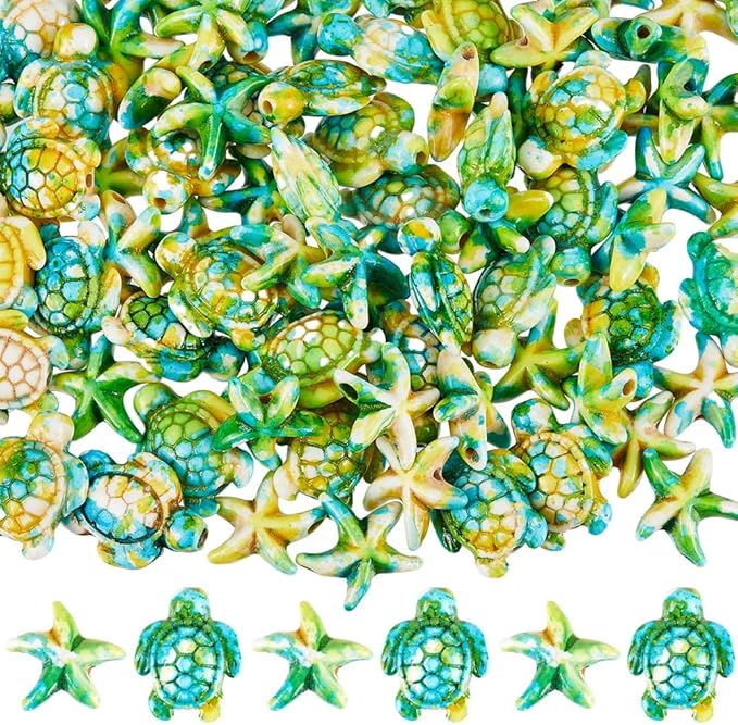 SUNNYCLUE 100PCS 2 Styles Green Turquoise Turtle Beads Starfish Beads Summer Hawaii Ocean Animal Sea Life Lucky Gemstone Loose Spacer Beads Bulk for Jewelry Making Beading Kit Bracelets Craft Supply