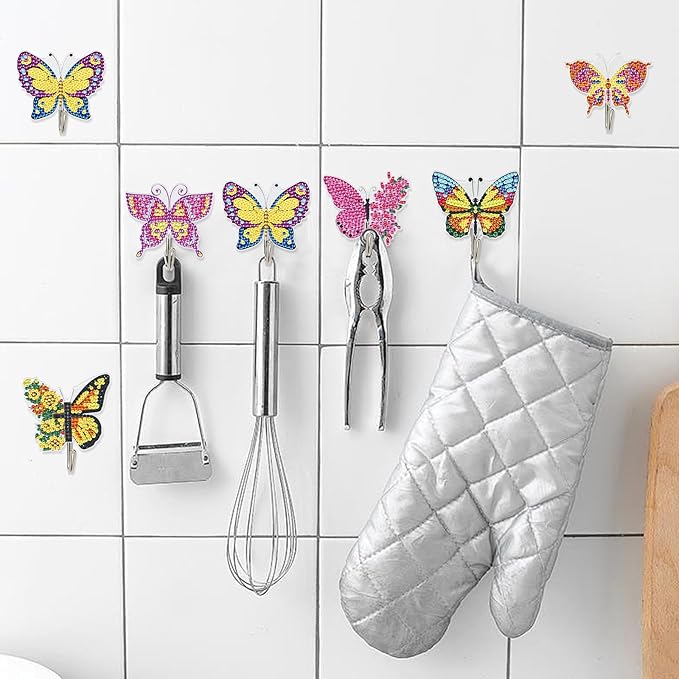 antor 8 Pack Butterfly Diamond Art Hooks, DIY Crystal Rhinestone Diamond Painting Wall Hangers Kit for Adults, Traceless Adhesive Hooks for Keys, Towels, Bags, Kitchen & Room Decor