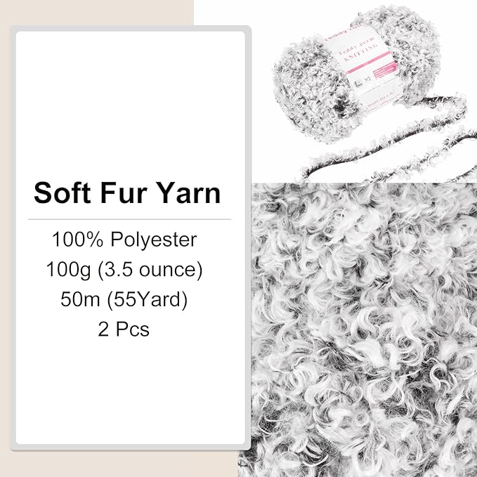 MECCANIXITY 2 Skeins Fur Yarn Soft Fluffy Chunky Yarn Fuzzy Eyelash Yarn Gray for Crocheting Knit Clothes Bag - 55Yard/50m, 3.34ozx2
