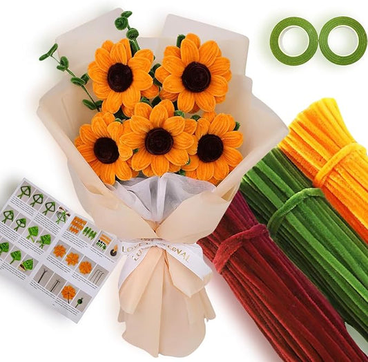 Sunflower Pipe Cleaners Craft Kit - 280Pcs Thick Chenille Stems in Yellow/Green/Brown, Include Floral Wires & Ribbon, DIY Flower Bouquet Making Supplies for Art Projects, Creative Decor, Handmade Gift