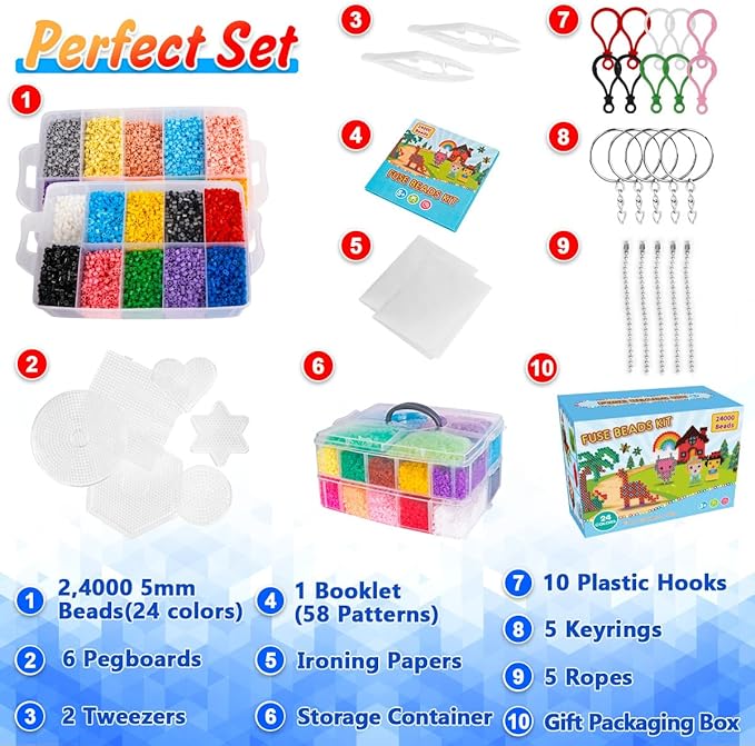 meland fuse beads - 24000pcs fuse beads kit for kids, 24 color 5mm iron beads set with 4 fluorescence color, 6 pegboards - craft kits gifts for birthday christmas