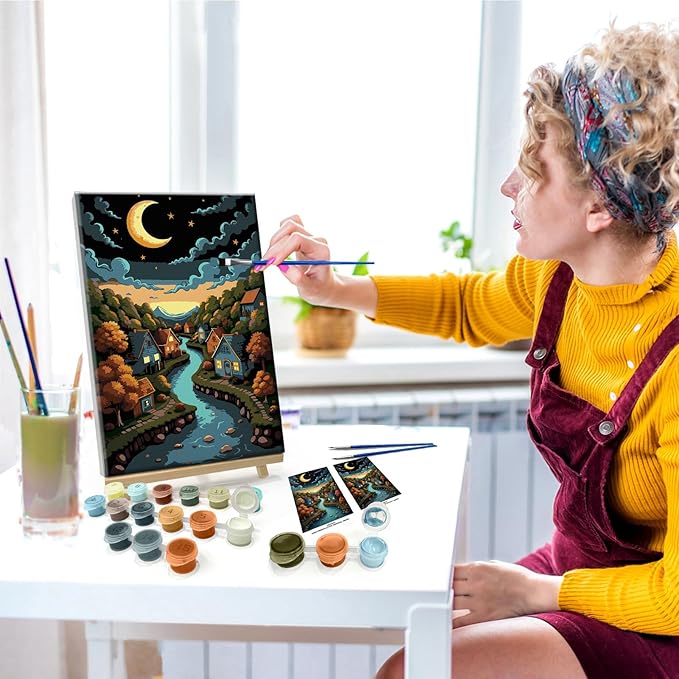 JOOZ Landscape Paint by Numbers Kit for Adults with Frame Moon Paint by Number with Easel Lake Adult Paint by Number Kits Framed Canvas Oil Painting Kits for Home Wall Decor 8x12 Inch