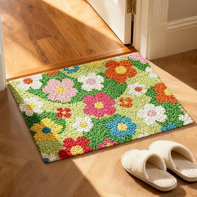 ORIGACH Grassland & Flowers Latch Hook Rug Kit for Adults Printed Rug Making Kit Handmade Carpet Tapestry Cover with Hook Latch and Preprinted Canvas, Home Arts Crafts Sofa Decor, 20.5x15inch