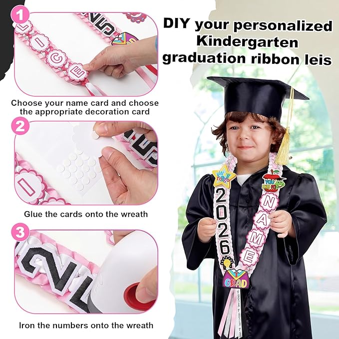 Juexica Kindergarten Graduation Ribbon Leis Class of 2026 Braided Necklace Making Kit with Alphabetic Decorative Cards Preschool Kids Grad Graduation Party Gifts(Pink, White)