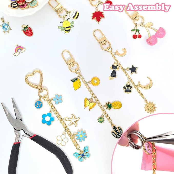 328Pcs Charms Lip Gloss Keychain Making Kit, DIY Keychain Supplies with 128 Charms, 20 Clasps, Jump Rings, Chain, Jewelry Plier, Hole Punch, Bag Charm Kit, Jewelry Making Kit for Crafting Keychains
