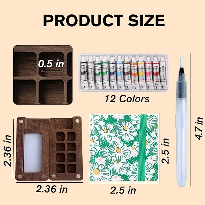 Aimery Mini Watercolor Paint Travel Set, Portable Small Miniature Pocket Water Color Painting Kit with Wooden Palette & Sketchbook(Green Daisy)