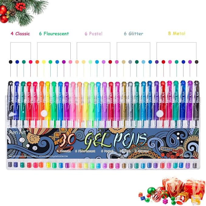 Aen Art Gel Pens for Adult Coloring Books, 30 Colors Fine Point Gel Marker Pen with 40% More Ink for Drawing, Bullet Journaling, School Craft Supplies