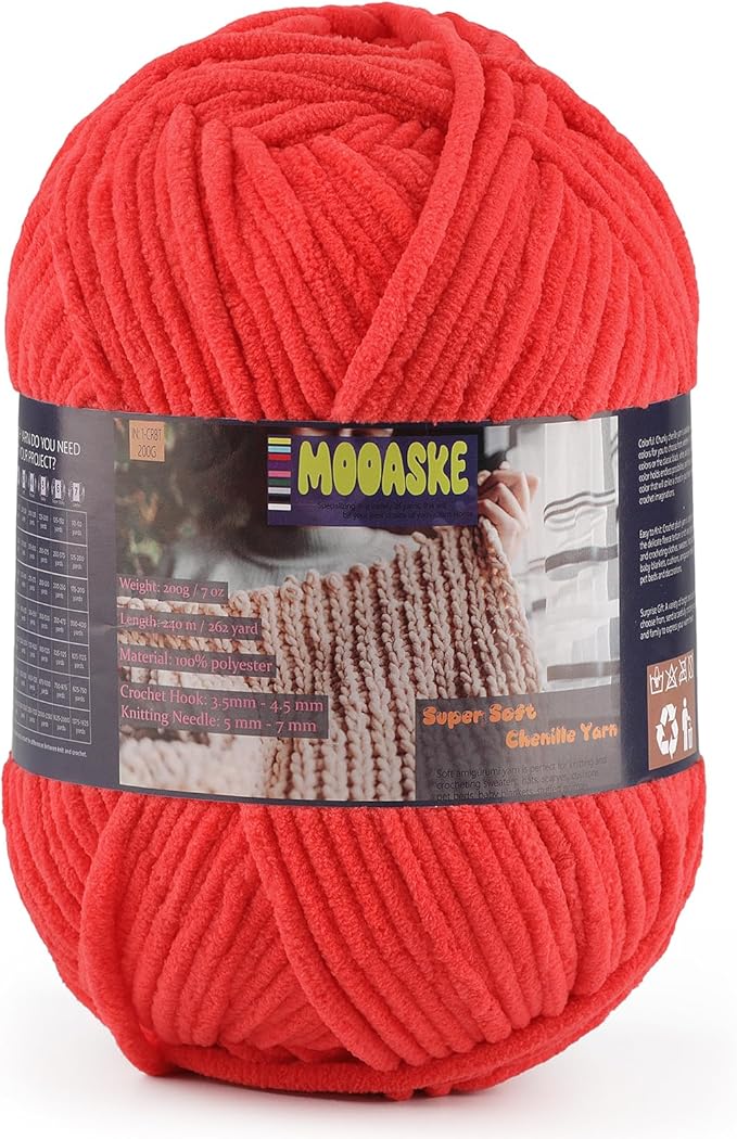 Chunky Velvet Yarn for Crocheting & Knitting, 7.05oz 262.4yd Super Soft Chenille Plush Yarn, Bulk Thick Yarns for Baby Blankets, Amigurumi, Scarves | 20 Colors (1, Red)