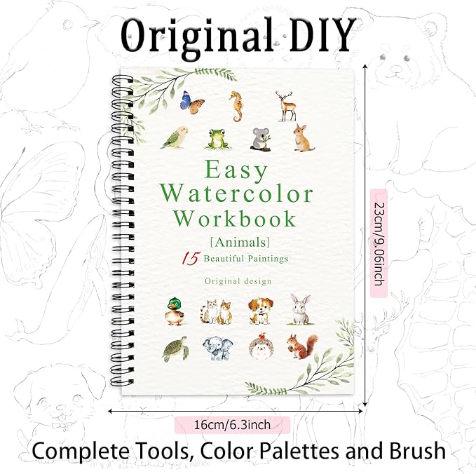 Watercolor Workbooks Animals, 15 Beautiful Paintings for Water Color Book Adult, Watercolor Coloring Book for Beginners, Watercolor Workbook for Adults Teens (Without Palette, Animals)