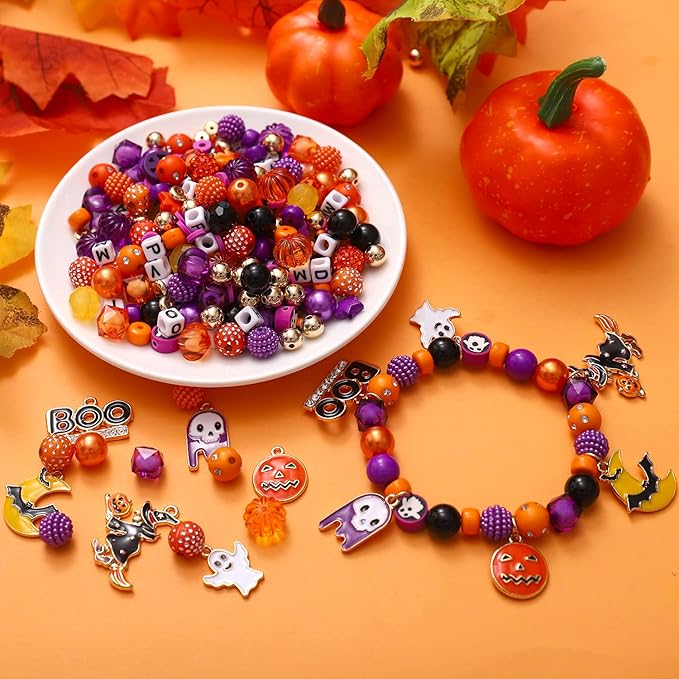 2381PCS+ Halloween Beads and Charms for Jewelry Making Purple Orange Black Heishi Letter Round Beads Ghost Boo Bat Pumpkin Witch Pendants for Holiday Party Necklace Bracelet Jewelry DIY Supplies