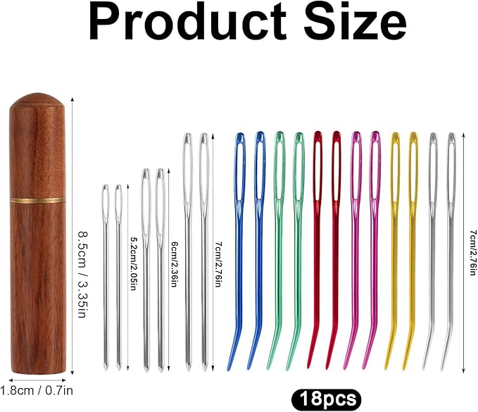 18pcs Large Eye Hand Knitting Needles, Aluminum Big Eye Sewing Needles Kit with Curved Needle & Blunt Needle & Wooden Needle Case for Quilting Beading Crochet Projects for Twine Yarn Wool