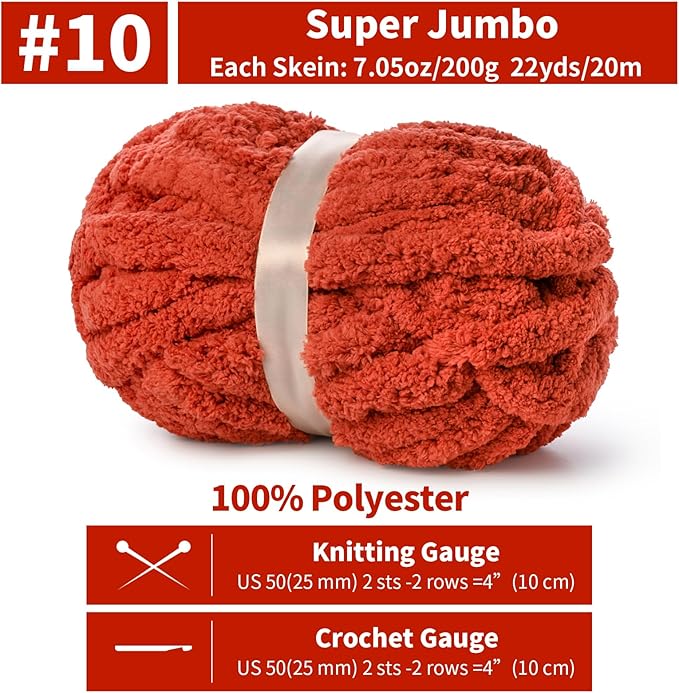 10 Pack Jumbo Chenille Yarn for Crocheting, #10 Super Bulky Baby Soft Yarn for Hand Knitting, 220 yds /70.5 oz Fluffy Chunky Knit Throw Blanket Yarn (Deep Orange)