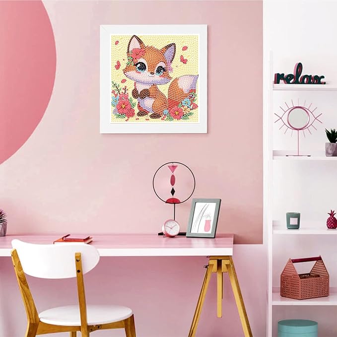 Fox Diamond Art Painting Kits for Kids with Frame, Animal Diamond Art for Kids Ages 4-8-12 with Frame, Easy Small Cute Gem Painting Kit for Gift Home Wall Decoration (7x7 inch)