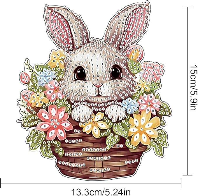 AiYuanzsh Rabbit Flower Basket Diamond Painting Hanging Kit, 5D DIY Acrylic Special Shaped Diamond Art Pendant Ornament with Chain for Wall, Door, or Garden Decor, Easter Diamond Art Kit for Adults