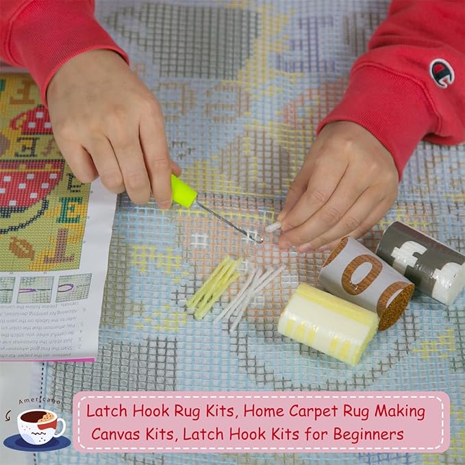 DL-YTG Latch Hook Kits Rug Coffee Crochet Yarn Cushion Colour Pre-Printed Canvas Cover Rug Needlework DIY Hook and Latch Kit Christmas Home Decoration 52x38cm/20 X15inch