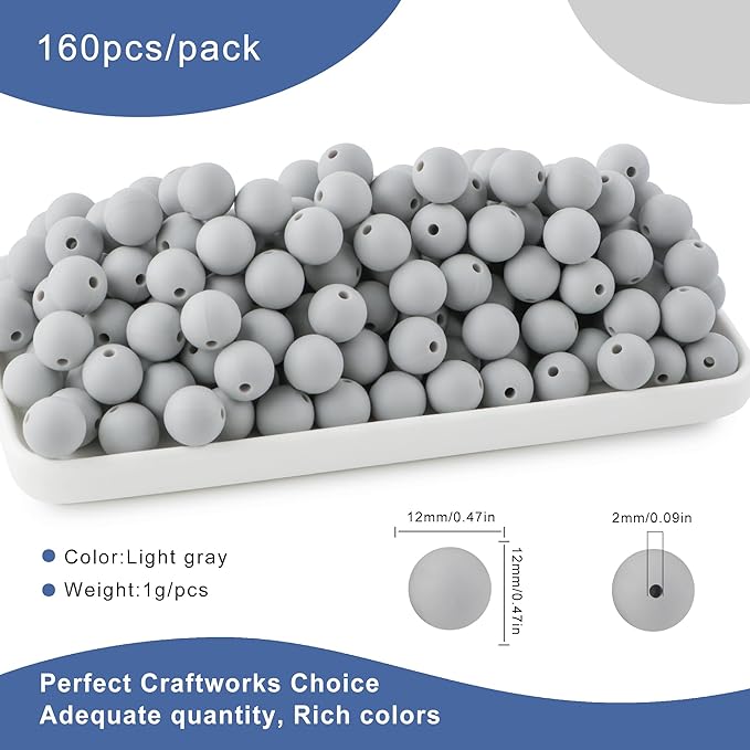 160Pcs 12mm Silicone Beads for Keychain Making Bracelet Necklace, Bulk Round Silicone Beads for Pens(Light Gray)