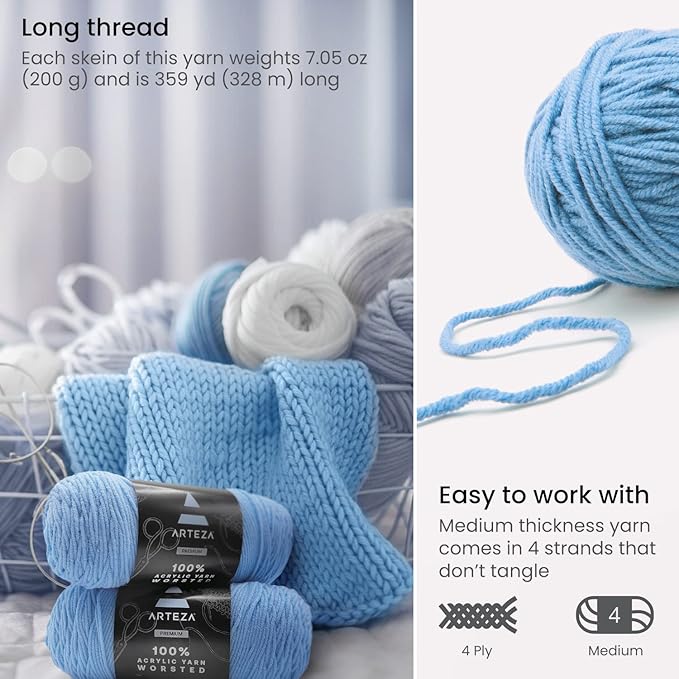 ARTEZA Acrylic Yarn for Crocheting, 4 x 200-g Skeins of Worsted Yarn for Knitting, Trip to Fiji A500, Knitting & Crochet Supplies