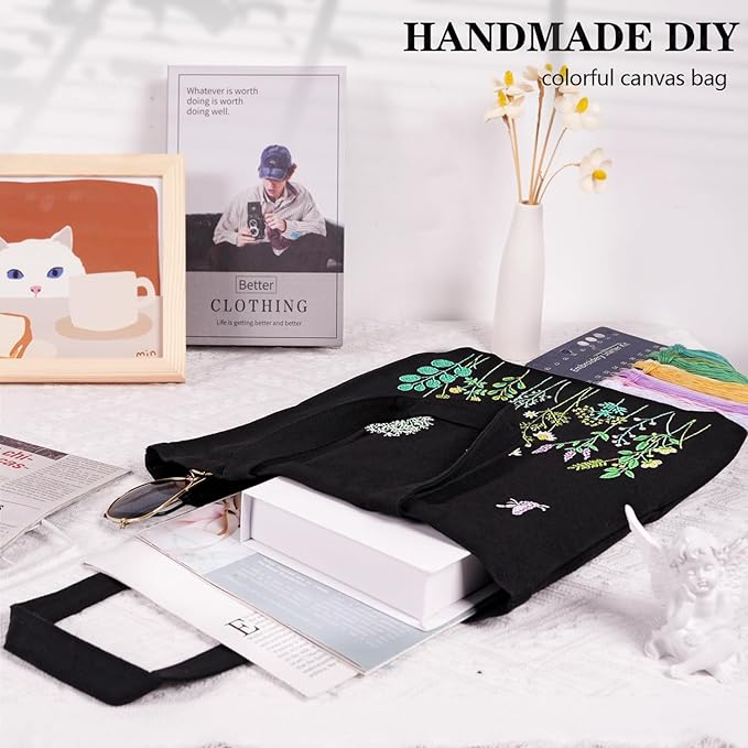 Canvas Tote Bag Embroidery Kit, Embroidery Kit for Beginners Adults, Embroidery Starter kit with Flower Pattern, Canvas Bag Cross Stitch Kits, Cross Stitch Kit with Hoops, Color Threads and Tool